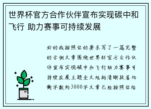 世界杯官方合作伙伴宣布实现碳中和飞行 助力赛事可持续发展
