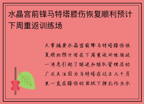 水晶宫前锋马特塔膝伤恢复顺利预计下周重返训练场