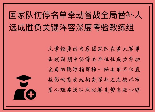 国家队伤停名单牵动备战全局替补人选成胜负关键阵容深度考验教练组